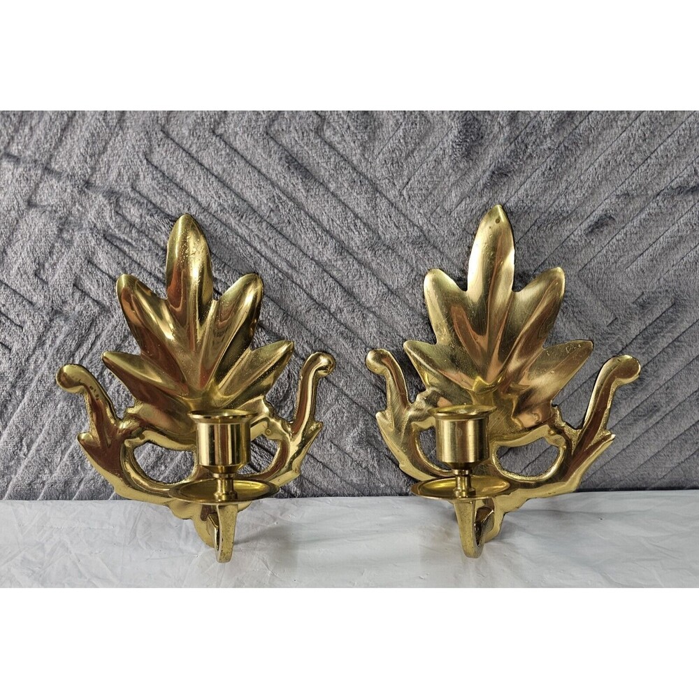 Pair Vintage Brass Wall Sconces Leaf Shaped Taper Candle Holder